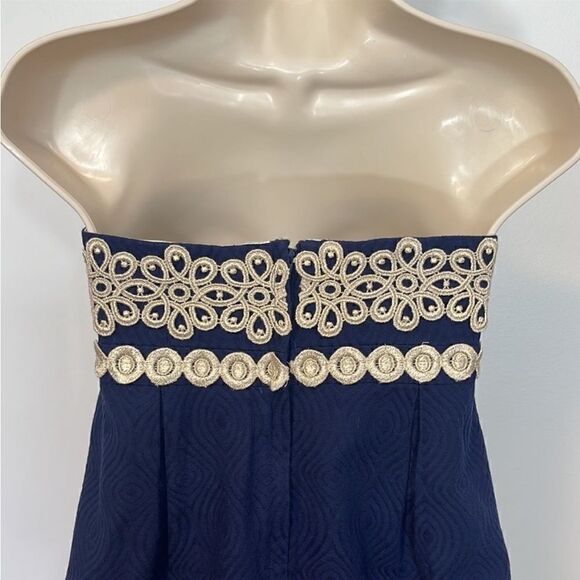 Lilly Pulitzer Betsey Navy and Gold Jacquard Strapless Dress Size 2 - Picture 4 of 16